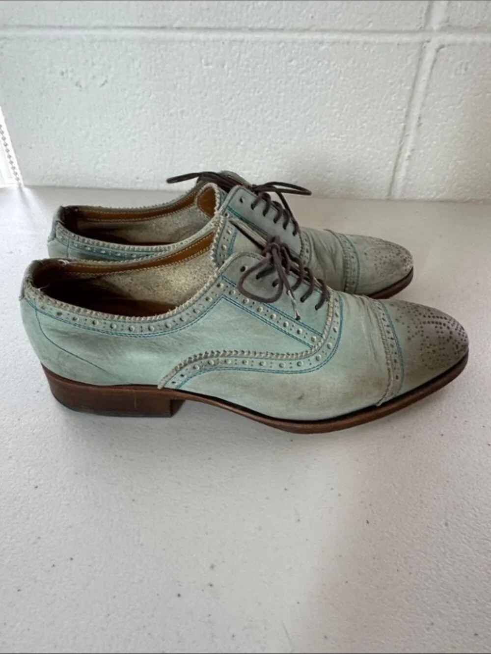 John Fluevog Gateway Oxfords Mint Blue Leather Brogue Shoes Sz M 4.5 Art Chic
